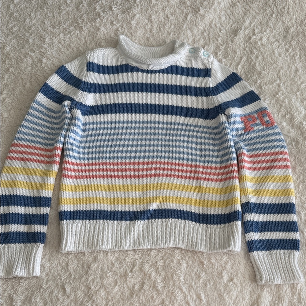 Polo Ralph Lauren Girls Size 8-10 Blue White Yellow Coral Striped Sweater